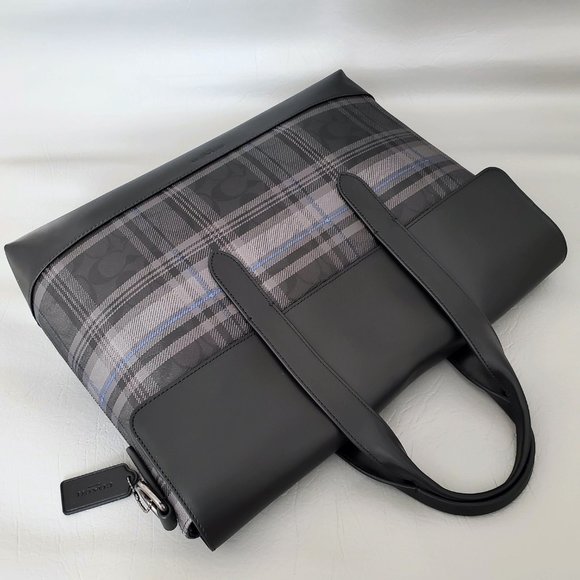 NEW COACH men Plaid Check Business Briefcase bag - Picture 5 of 8